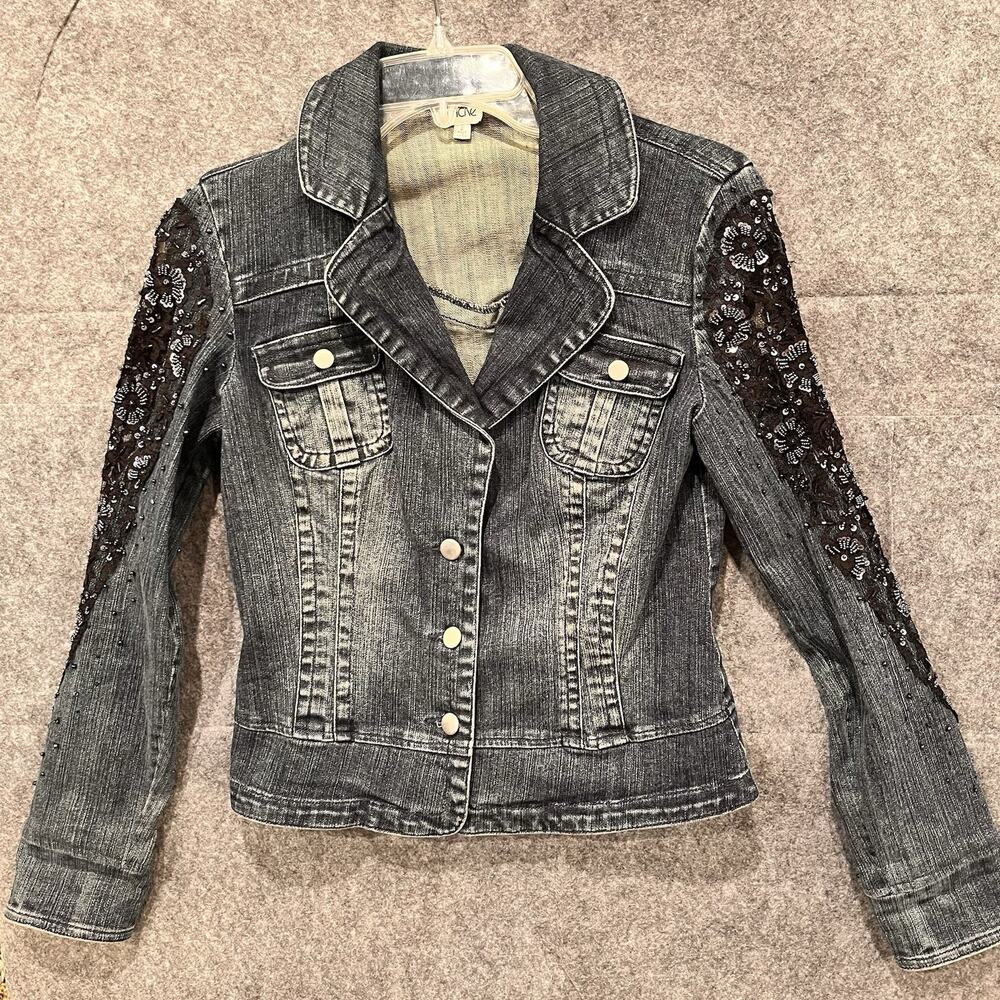 CACHE‎ EMBELLISHED SIZE XS DENIM JACKET / LACE SLEEVES / Rhinestones Excellent